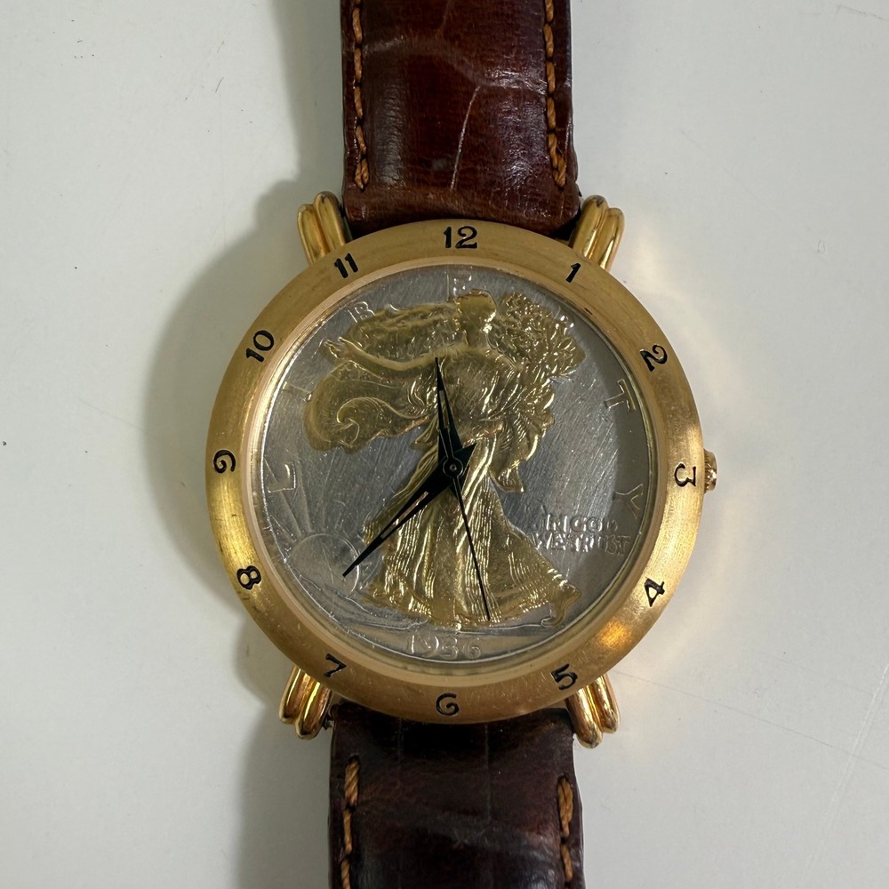 Brittania Walking Liberty Coin Dial Watch Gold Tone Brown Leather Strap V102
